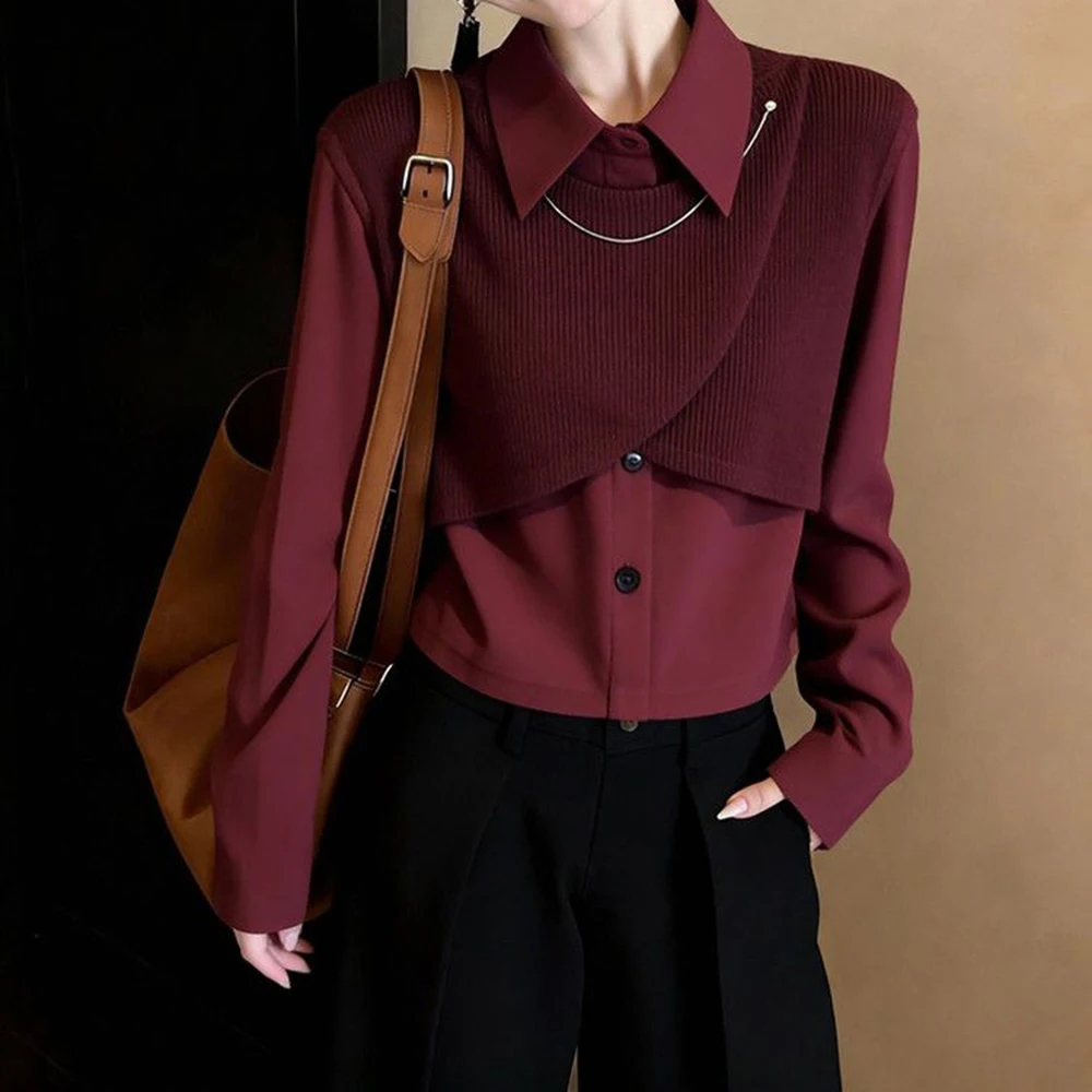

Design sense neutral style, daily commuting casual style, red shirt women's 2026 spring contrasting natal year cardigan