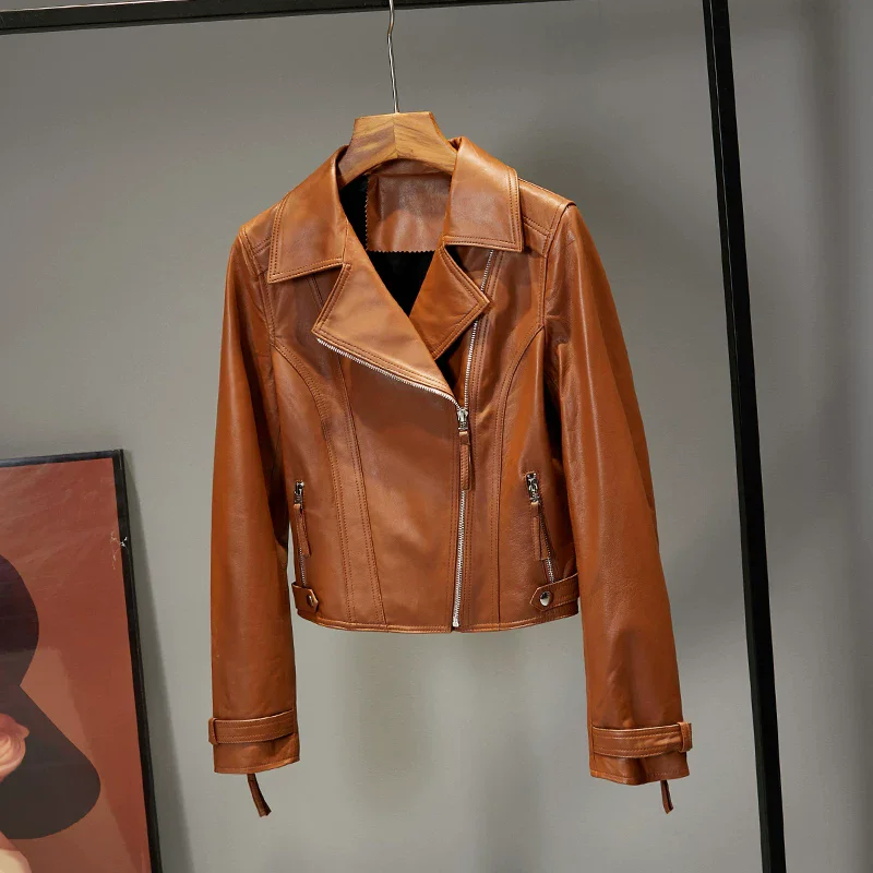 Ropa de cuero auténtico, chaquetas de piel de oveja para mujer, moda marrón, chaquetas informales cortas ajustadas de manga larga para motocicleta
