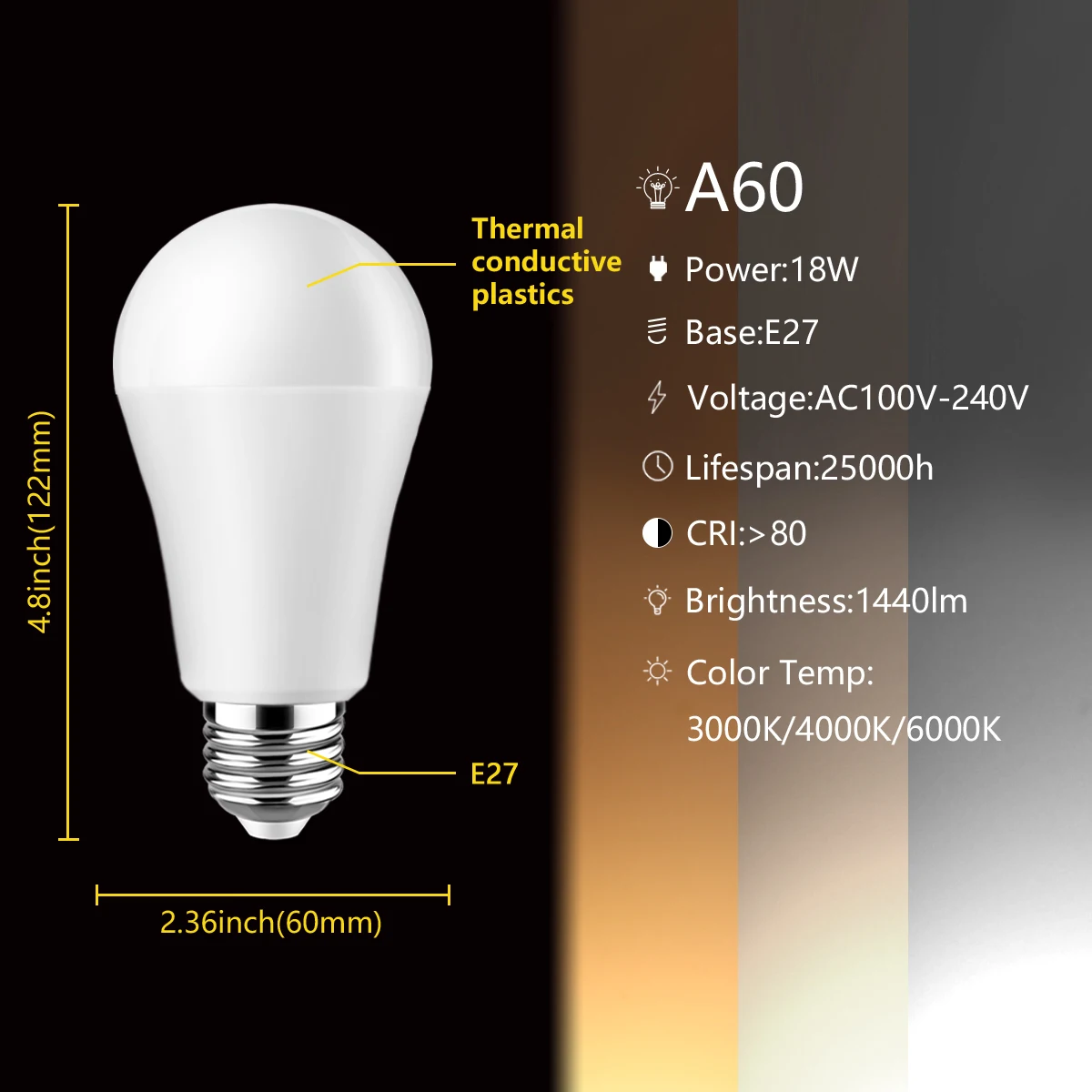 LED high power bulb A60 100V-240V E27 B22 18W 100LM/W 3000K/4000K/6000K super bright warm white light for mall home lighting