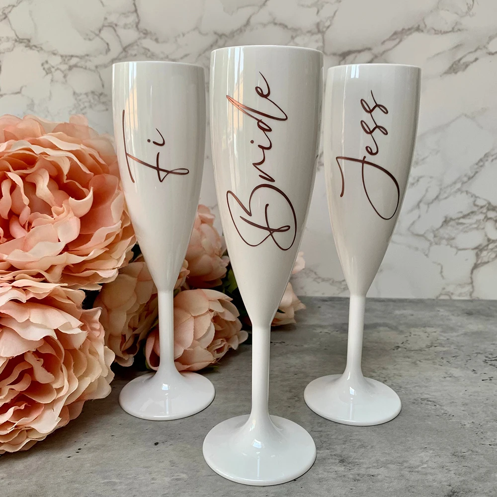 Personalised White Plastic Champagne Flute Wedding Proposal Reception Flutes Bachelorette Party Bride Tribe Gift