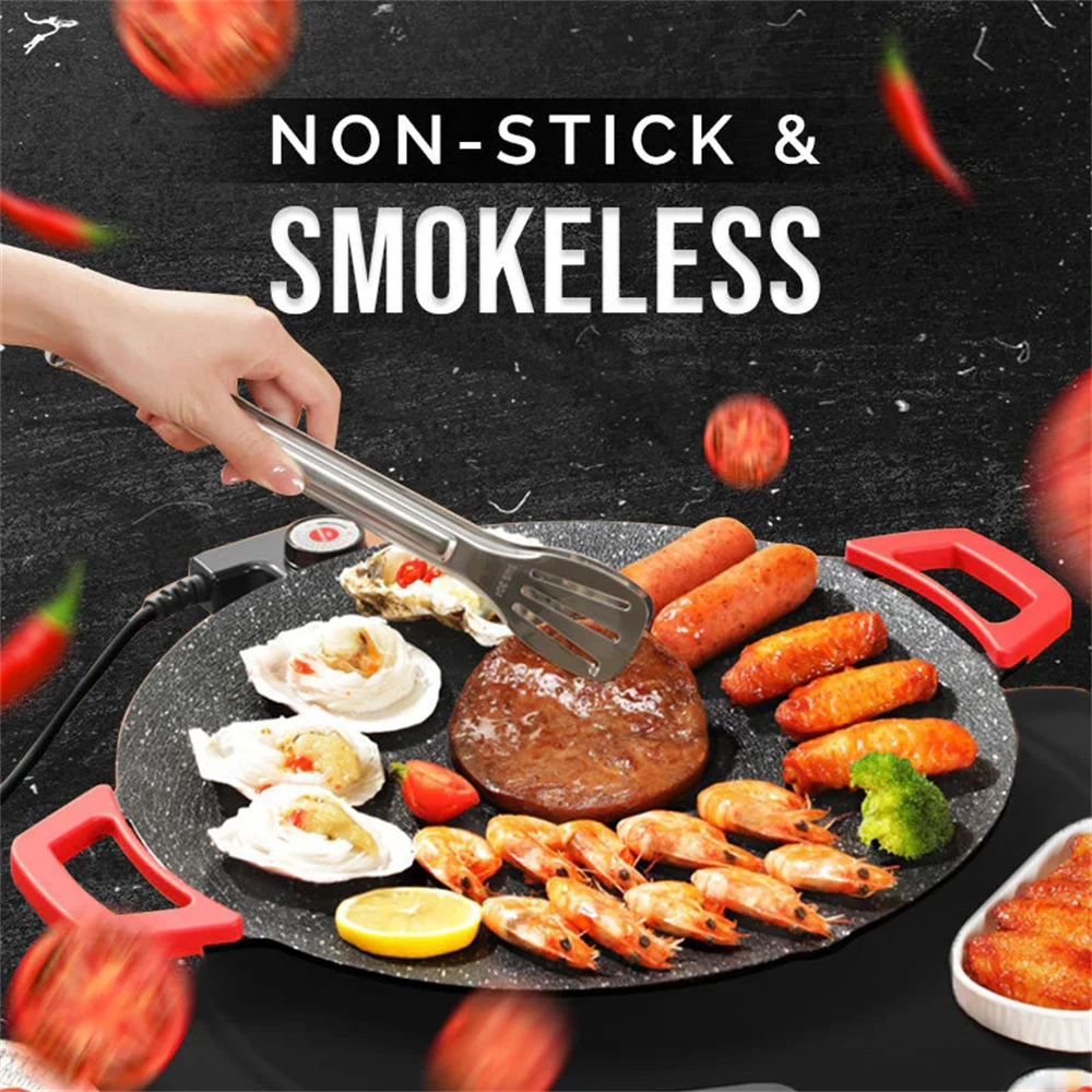 28CM Non-Stick Electric Indoor Grill Pan Household Round BBQ Griddle Plate Korean Grill Pan Smokeless Non-stick Grill 700W