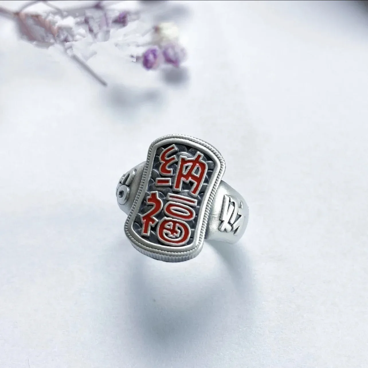 HX Silver Color New Enamel Colored Burnt Blue Atmosphere Retro Ethnic Style Zhaocai Nafu Women's Open Ring Jewelry