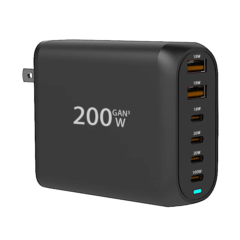 200W GaN3 6-Port Fast Charger,4PD+2USB Multi Port Charging Station,100W PD Laptop Charger Block for MacBook,iPhone,Samsung,Table