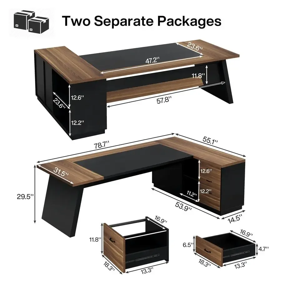 78 LShaped Executive Desk, Large Modern Office Desk with Drawers and File Cabinet, Business Furniture with Storage Shelves, Big