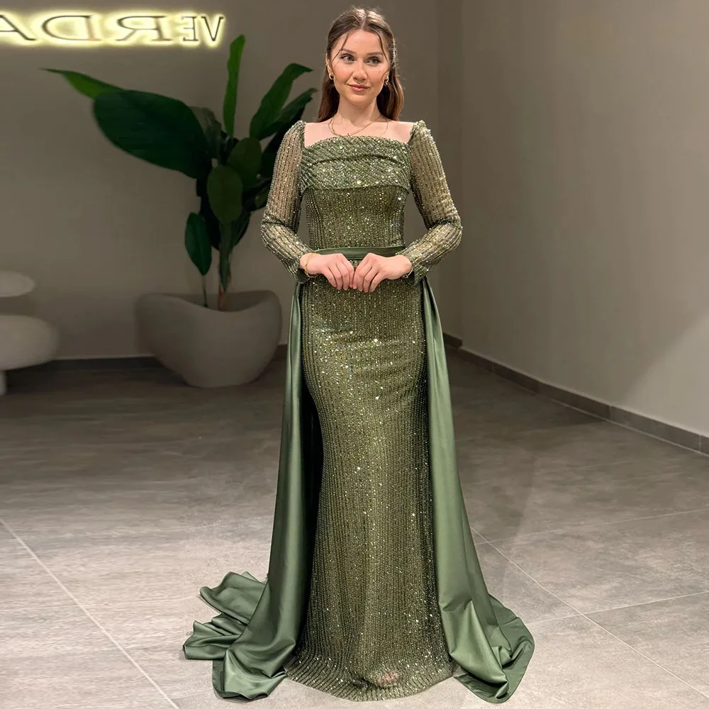 

Exquisite Olive Green Sequined Evening Dresses High Quality Square Collar Long Sleeves Satin Customized Pageant Party Gowns 2026