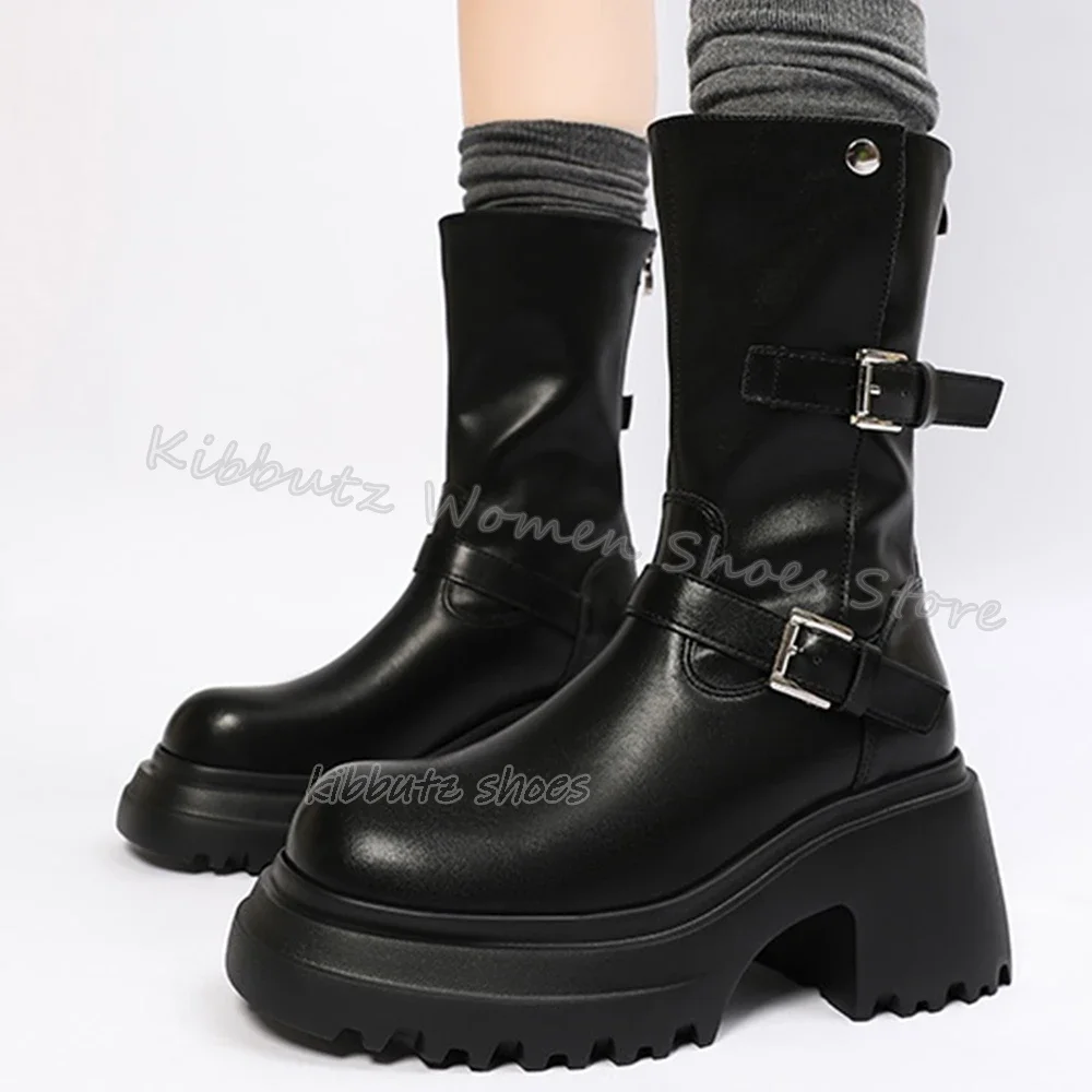 

Belt Buckle Motorcycle Ankle Boots Thick Bottom Round Toe Genuine Leather Fashion Novelty Sexy Concise Shoes Solid Color Newest
