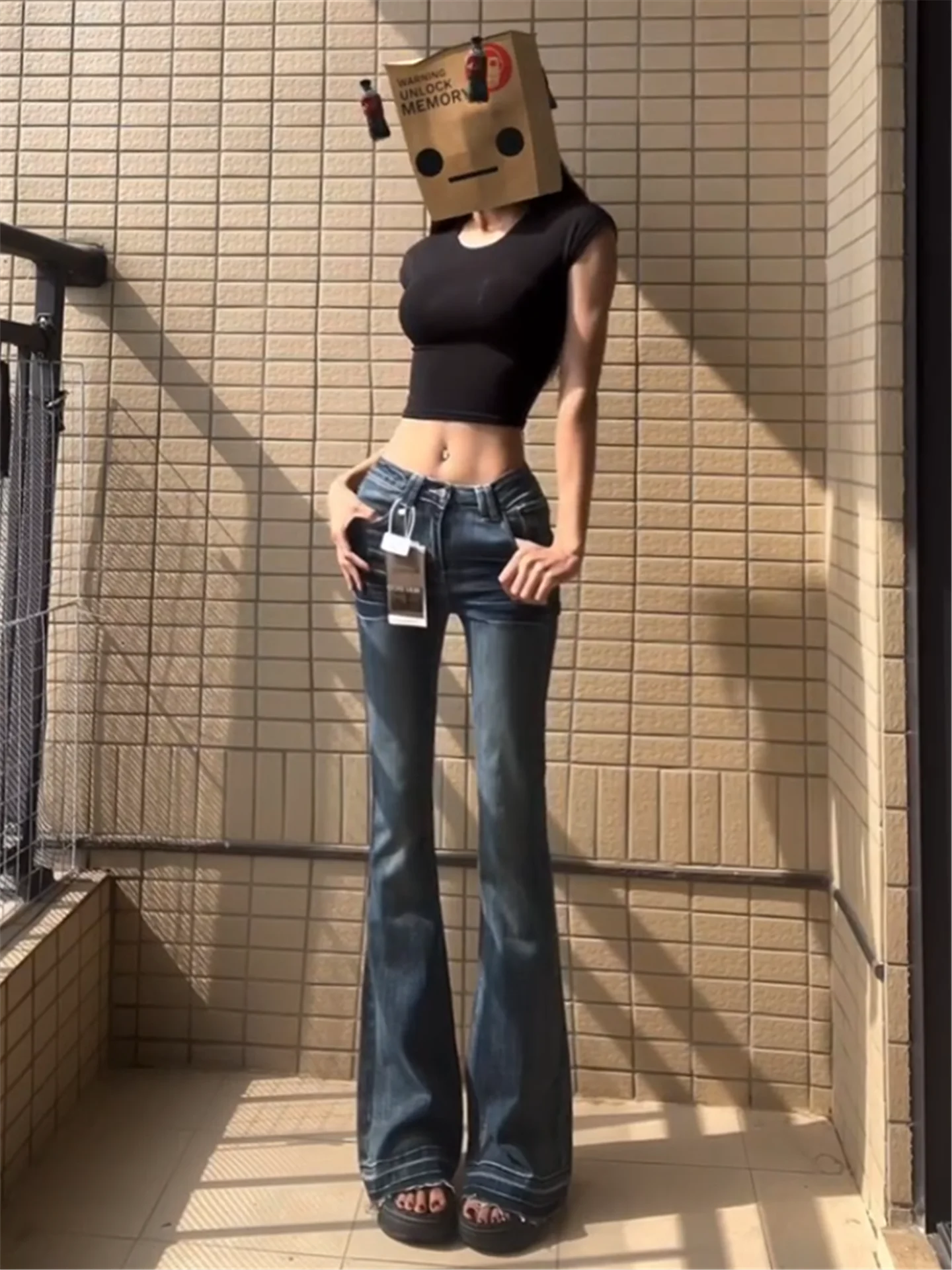 

American Vintage Low Waist Bell Bottom Jeans Women's Slim Fit Elastic Frayed Floor Length Pants Casual Cotton Denim