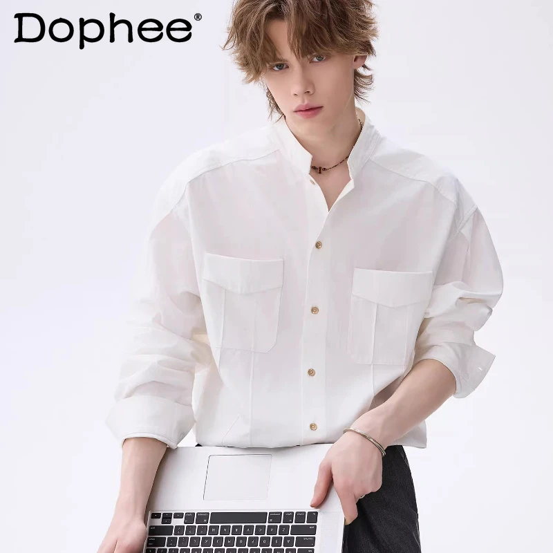 

Men 2026 Spring New Stand Collar Tooling Shirts Male Simple Trendy Pocket Decoration Shirts Solid Color Comfort Breathable Tops