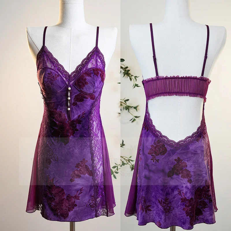 Women Short Nightdress Elegant Jacquard Flower Spaghetti Strap Autumn New Lingerie Sexy Lace Trim Robe Velvet Home Dressing Gown