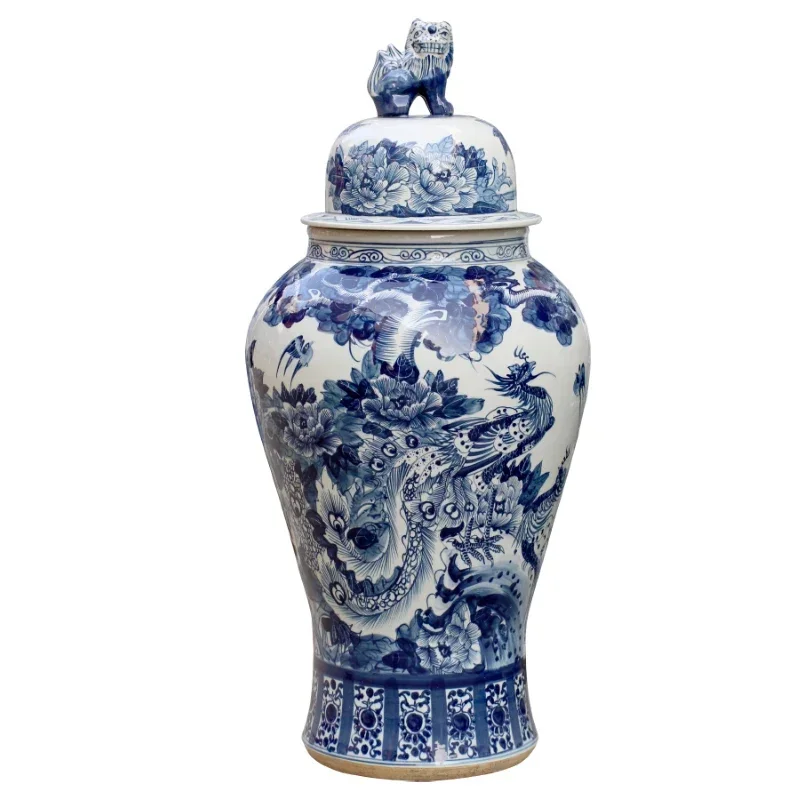 Large size chinese handmade blue and white ginger jar dragon and phoenix pattern ceramic temple jar with lion design lid