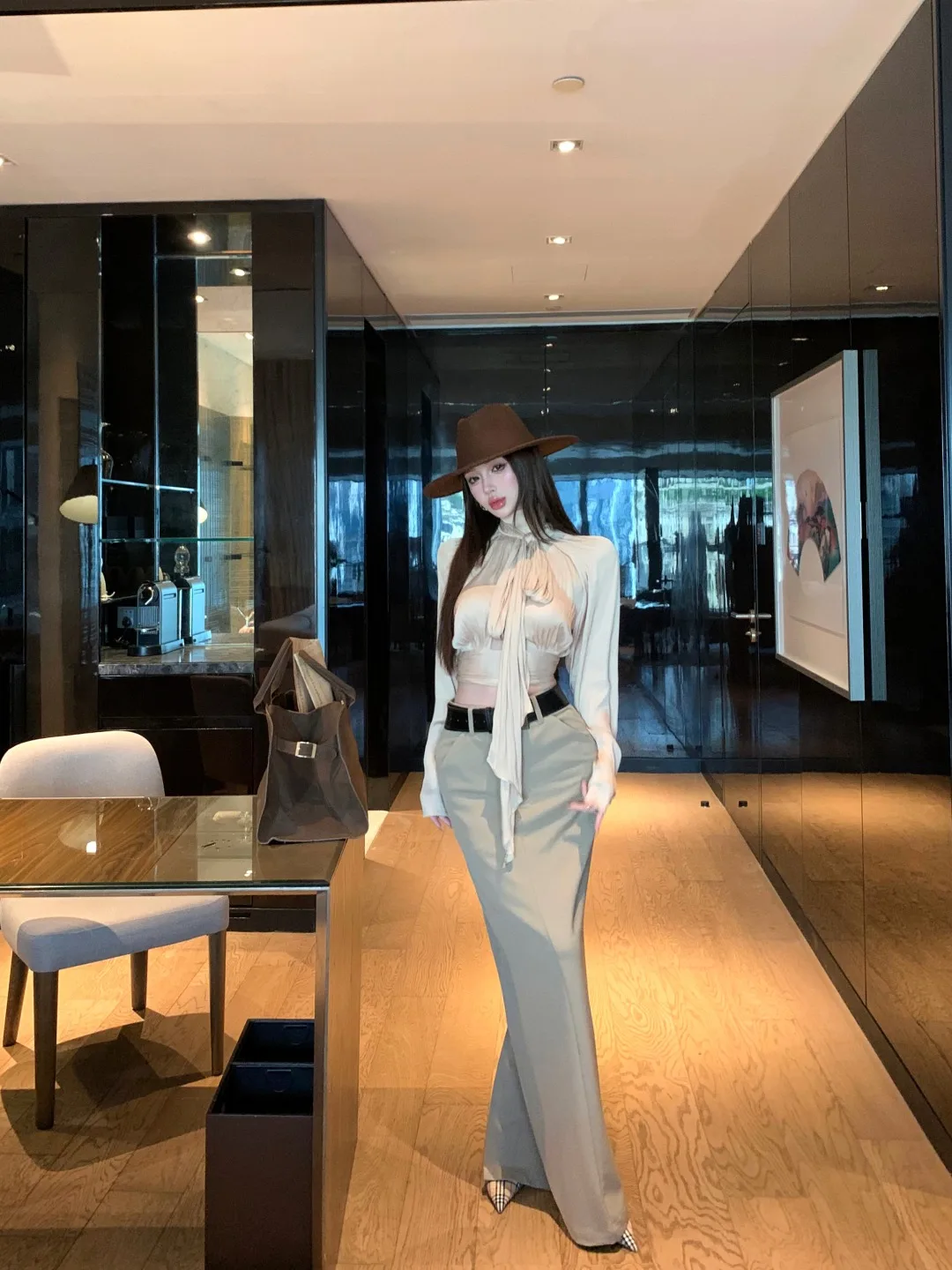 

Kumikumi Women's Long Sleeve Shirt And High Waist Skirt Two Piece Set Elegant Pleated Draped Blouse Slimming Midi Skirt