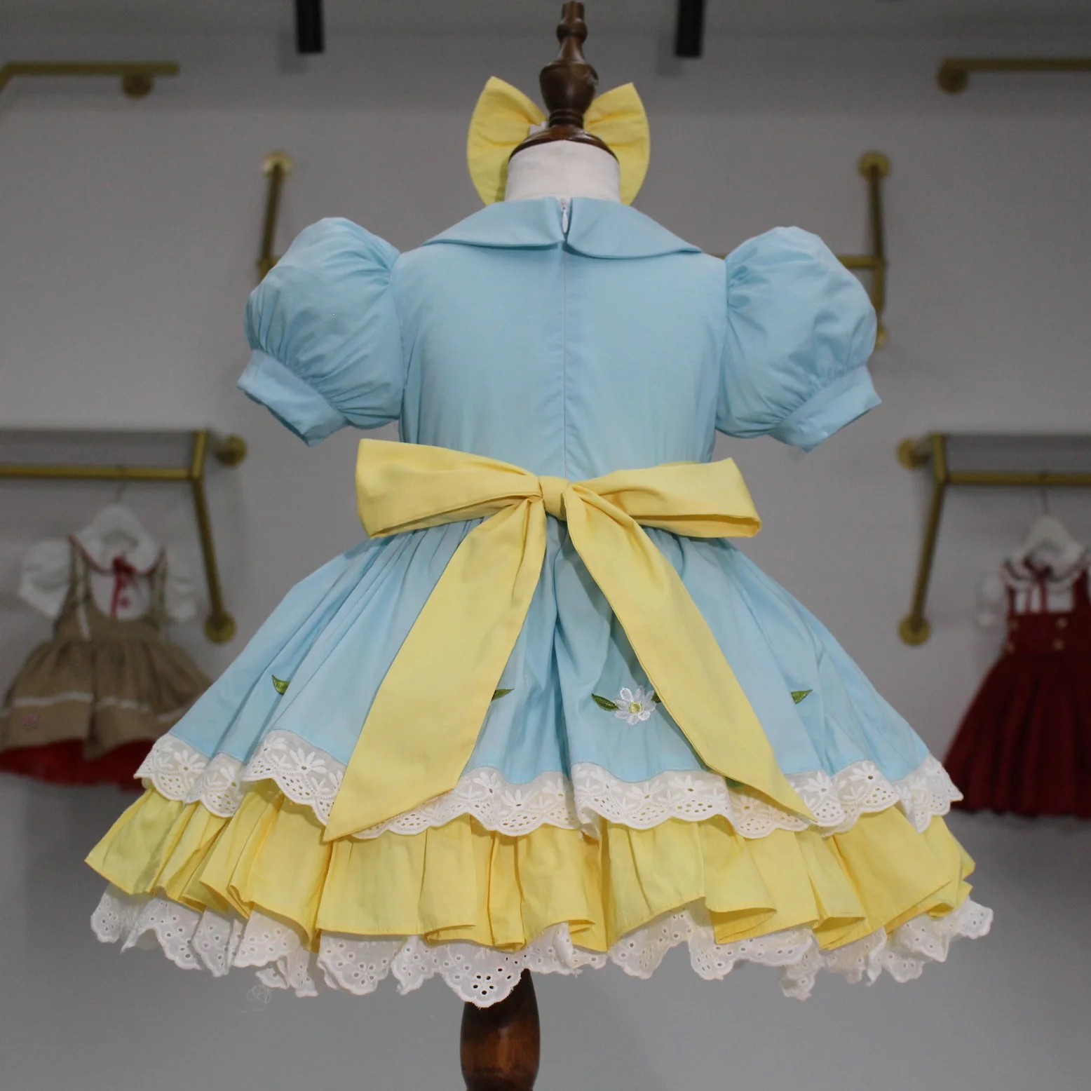 0-12Y طفلة الصيف الأزرق ديزي التطريز التركية خمر فستان الأميرة لعيد ميلاد عطلة عيد الفصح التصوير عيد B222