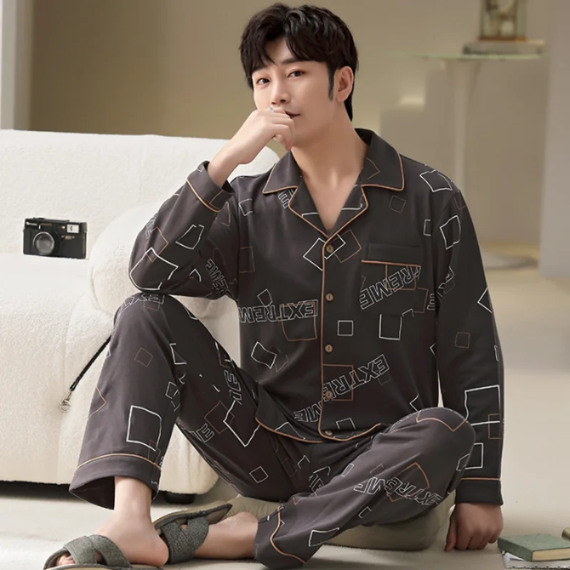 L-5XL Plus Size Faux Cotton Print Men\'s Pajamas Korean Ins Autumn Y2k Male Nightwear 2024 New Big Size Long Sleeve+pant Home Set