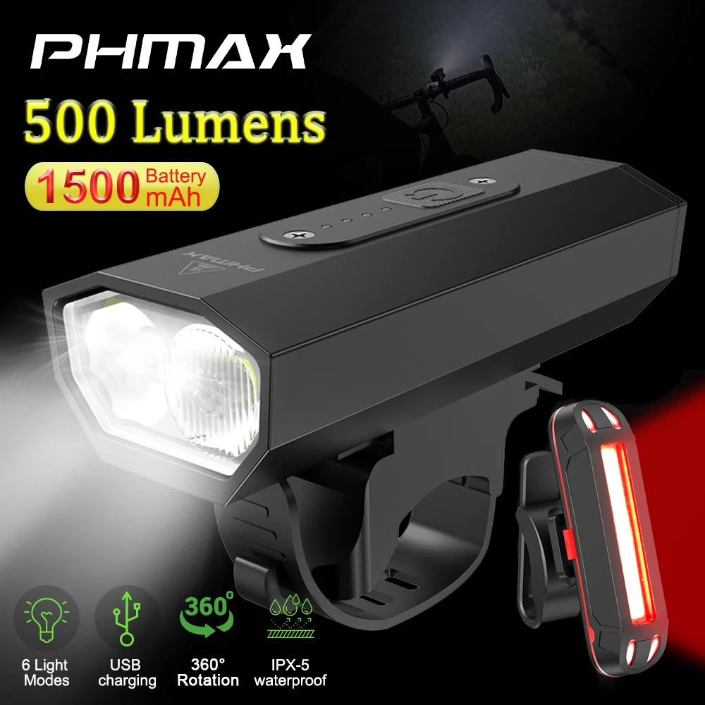 

PHMAX Rechargeable Bike Light Set 6 Modes Cycling Lights Front and Back Illumination Waterproof Lightweight Bicycle Light