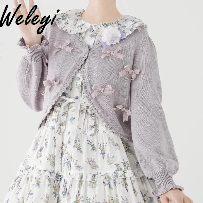 

Lolita Sweet Bow Short Sweater Cardigan Woman Autumn New Soft Girl Cute Girl One Button Long Sleeve Short Knitted Cardigans