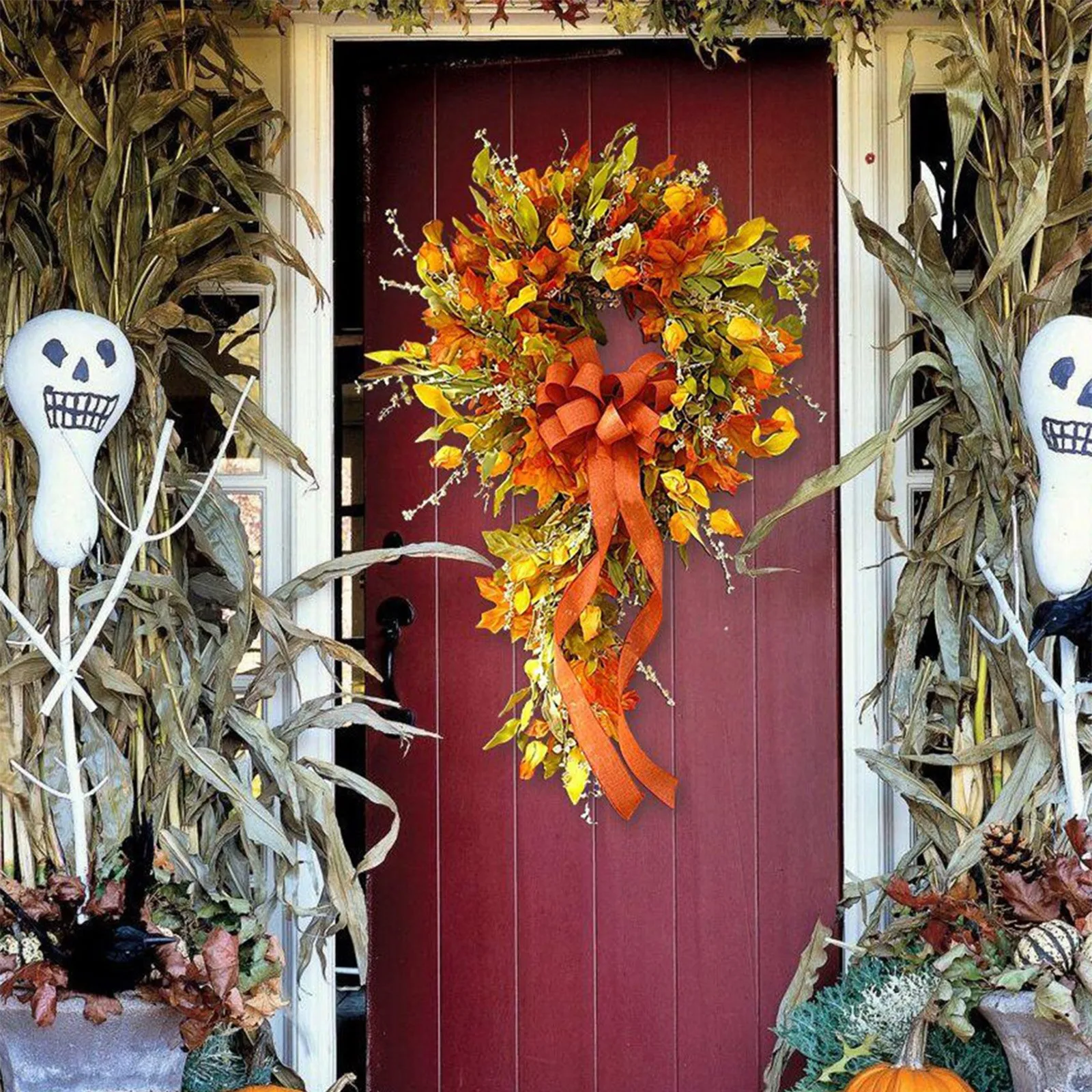 

Autumn Coloured Rattan Wreath Wall Home Decoration Harvest-festival Hanging Simulation Maple Leaf Wreath Door Hanging