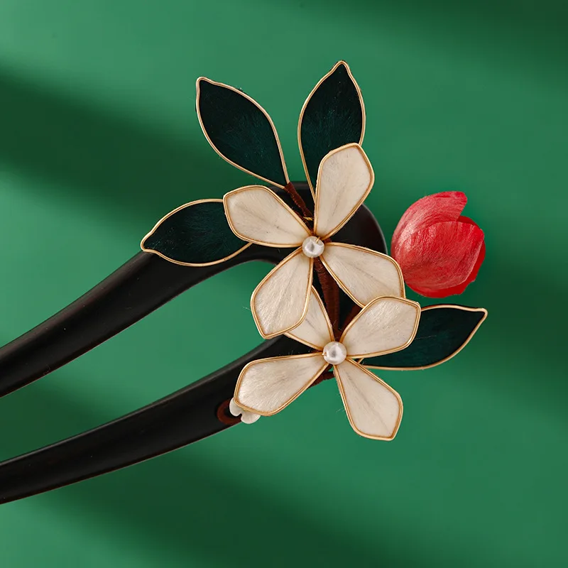 

Handcrafted Velvet Flower-wrapped Sandalwood Hairpin, Retro Daily Updo U-shaped Hairpin, Beige Flower Hair Accessory