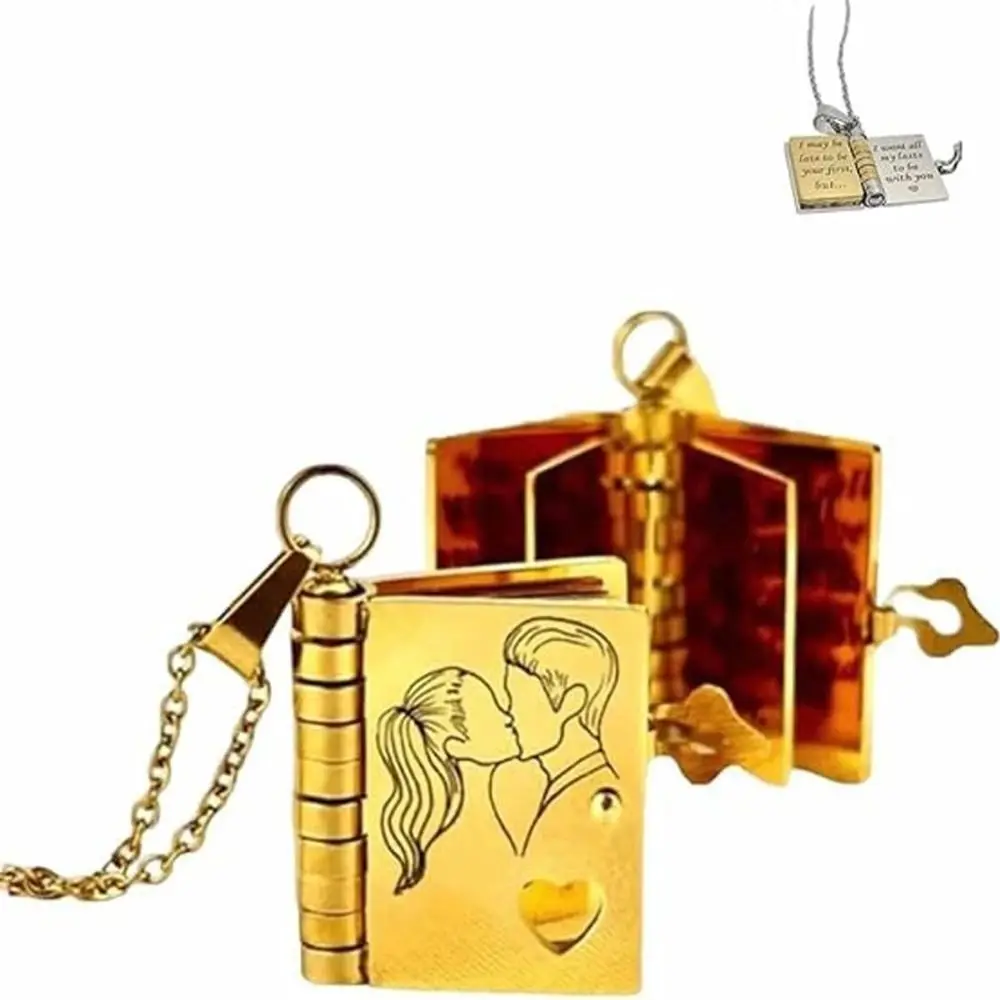 

Openable Daughter Book Necklace Stainless Steel with Pages of Engraved Information Message Mini Book Pendant Necklace Gold Color