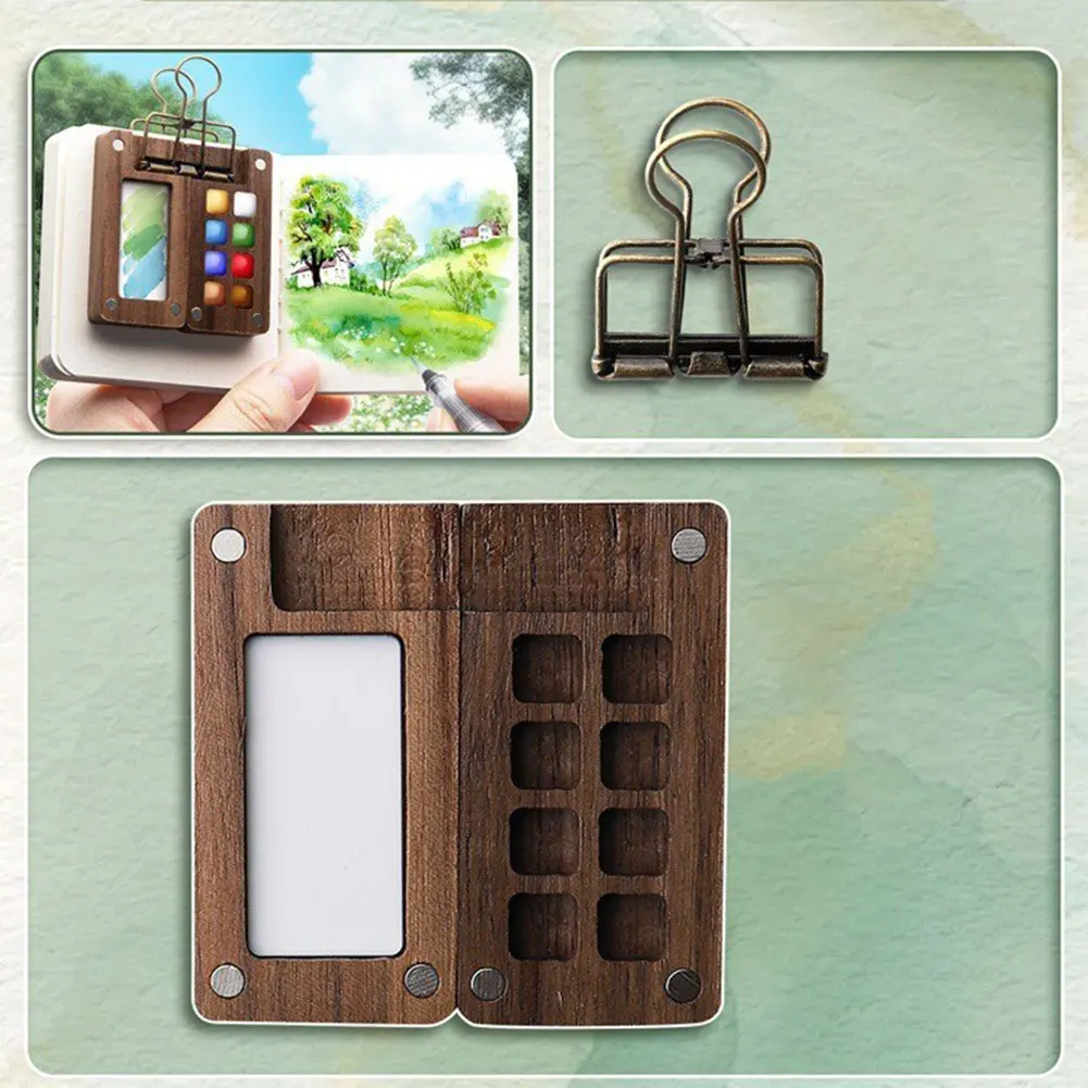 Conjunto de paleta de aquarela com caixa de pintura de madeira mini conjunto de paleta de pintura de viagem com clipes de pasta conjunto de pintura de aquarela para amantes da arte