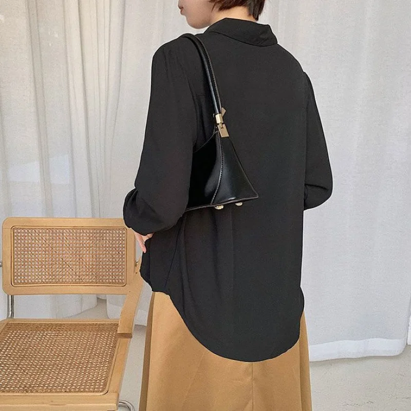 Ladies Chiffon Shirt Autumn Korean-Style Long-Sleeved Loose Black Work Blouses For Women Fashion All-Match Top Shirts