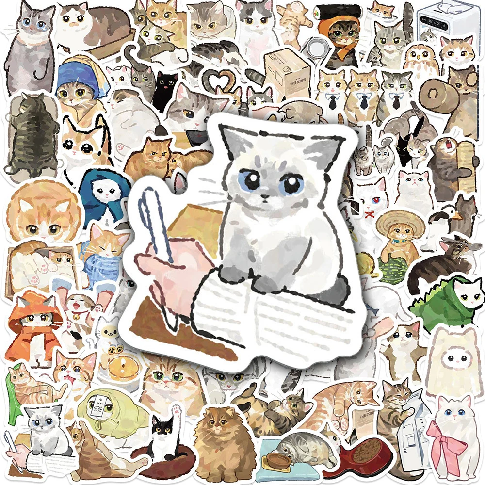 

10/30/77pcs Cute Watercolor Kitten Cartoon Stickers Funny Cat Decals Graffiti Suitcase Notebook Guitar Waterproof Sticker Decor