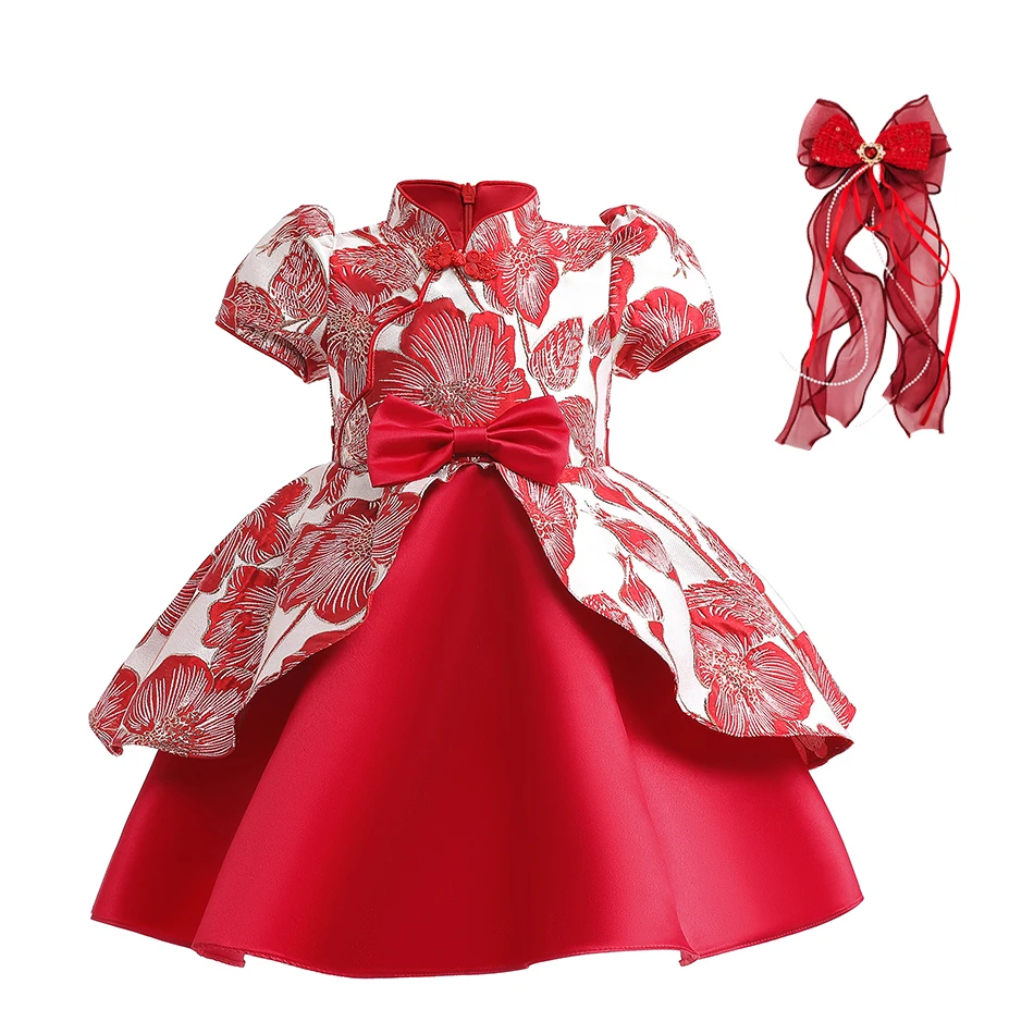 

Новогоднее платье для девочек, новый стиль, свадебное платье Ципао в китайском стиле, красное платье принцессы с короткими рукавами и вышивкой