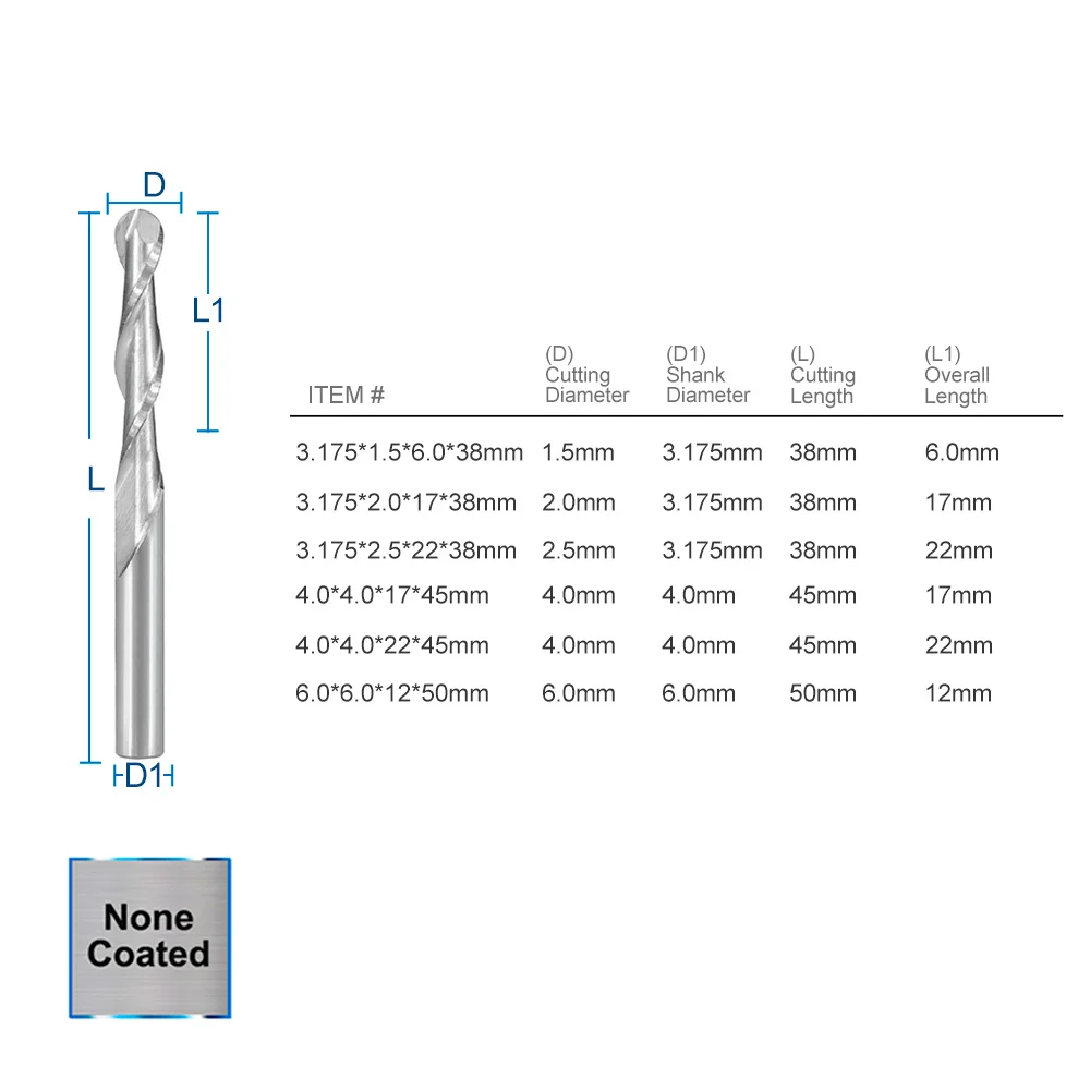 XCAN 2 Flute Ball Nose End Mill3.175/4/6mm Shank CNC Router Bit Carbide End Mill Spiral Milling Cutter for Woodworking