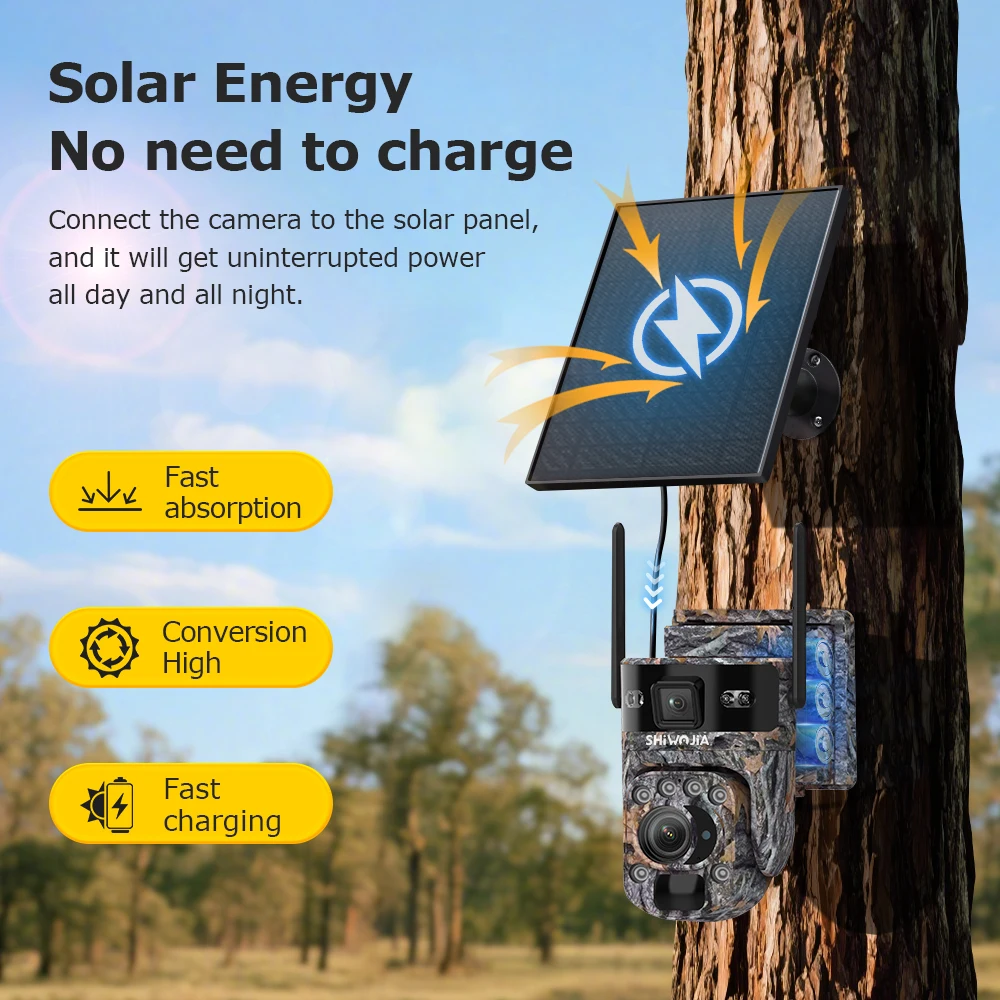 SHIWOJIA 6K 12MP 4G Solar Camera WIFI 60X ZOOM Outdoor 360° View Animal Monitoring Solar Battery Camera Night Vision PIR Video