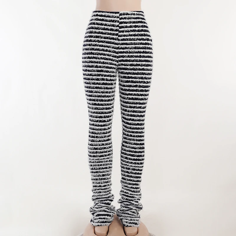 Black and White Striped Knitted Stacked Pants Women Bottoms 2023 Streetwear Extra Long High Waist Flare Pants YY22342DG