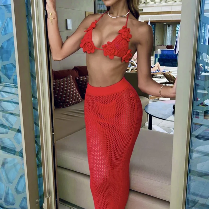 Fashion Style Hand Crochet Multicolour Two-piece Bikini Cover Up Tie Up Top Shorts Suit Women's Vacation Hollow Out Beachwear
