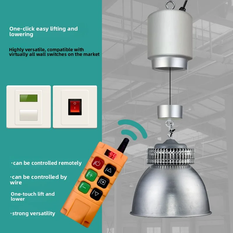 Remote Control Electric Pendant Light Hoist Automatic Lifting Industrial Lighting Fixture for Factory Workshop Warehouse