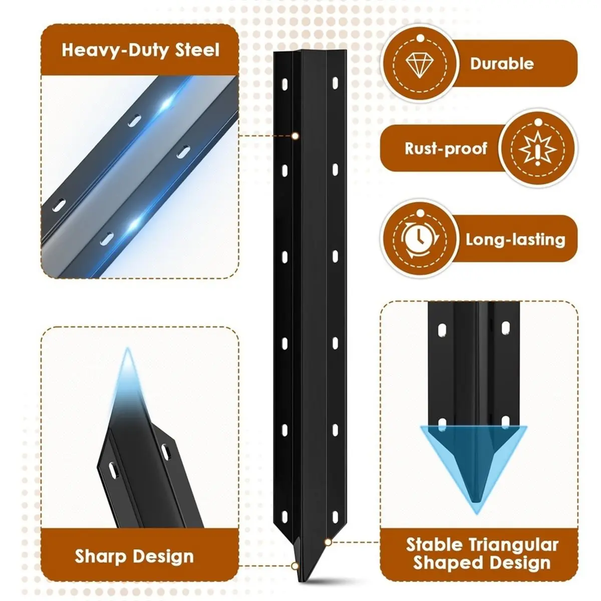Fence Post Repair Kit Steel Stakes with Installation Tool and Screws for Wooden Fence Support Column Black