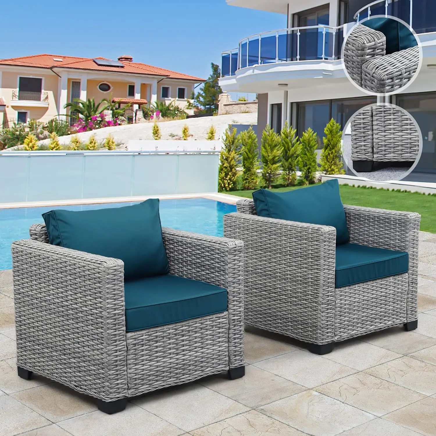 Patio Single Sofa Chairs Outdoor Chairs Set of 2 Outdoor Sofa Accent Chair Outdoor Furniture Club Chair with Anti-Slip Cushions