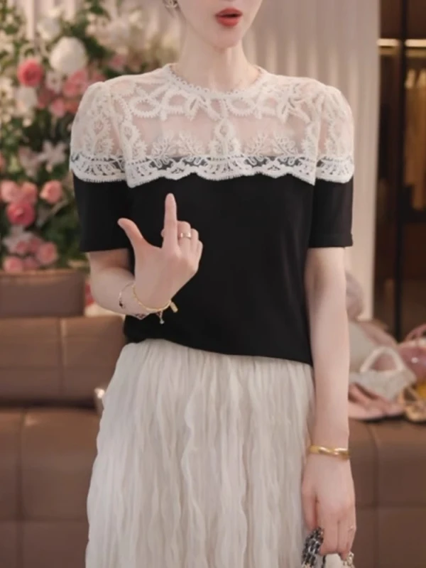 

Женская летняя футболка больших размеров из чистого хлопка с кружевом, коротким рукавом, ажурным дизайном, в корейском стиле, свободного кроя, с круглым вырезом