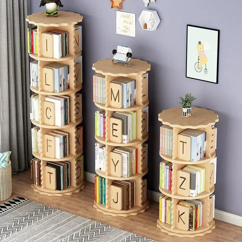 Solid wood rotating bookshelf bookcase floor-to-ceiling household small picture book storage rack