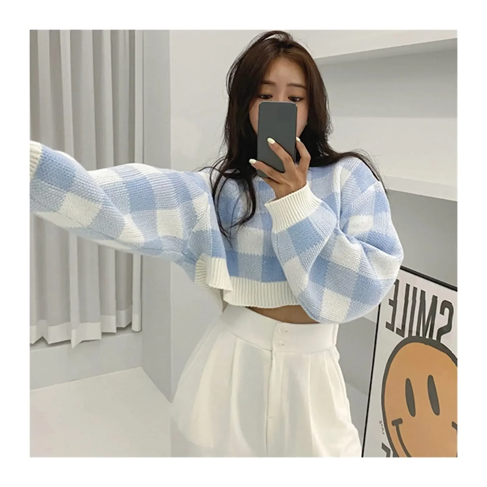 Pullovers Women Checkerboard Crop Knit Sweater Long Sleeve Crew Neck Box-fit Plaid Jumper Outfit