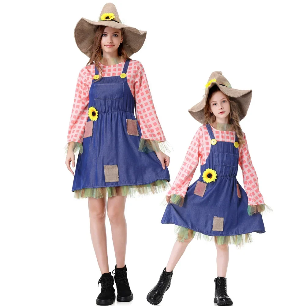 Halloween Cosplay Costume Parent-child Outfit Pioneer Girl Costume Colonial Dress Kids Floral Village Girl Costumes with Hats