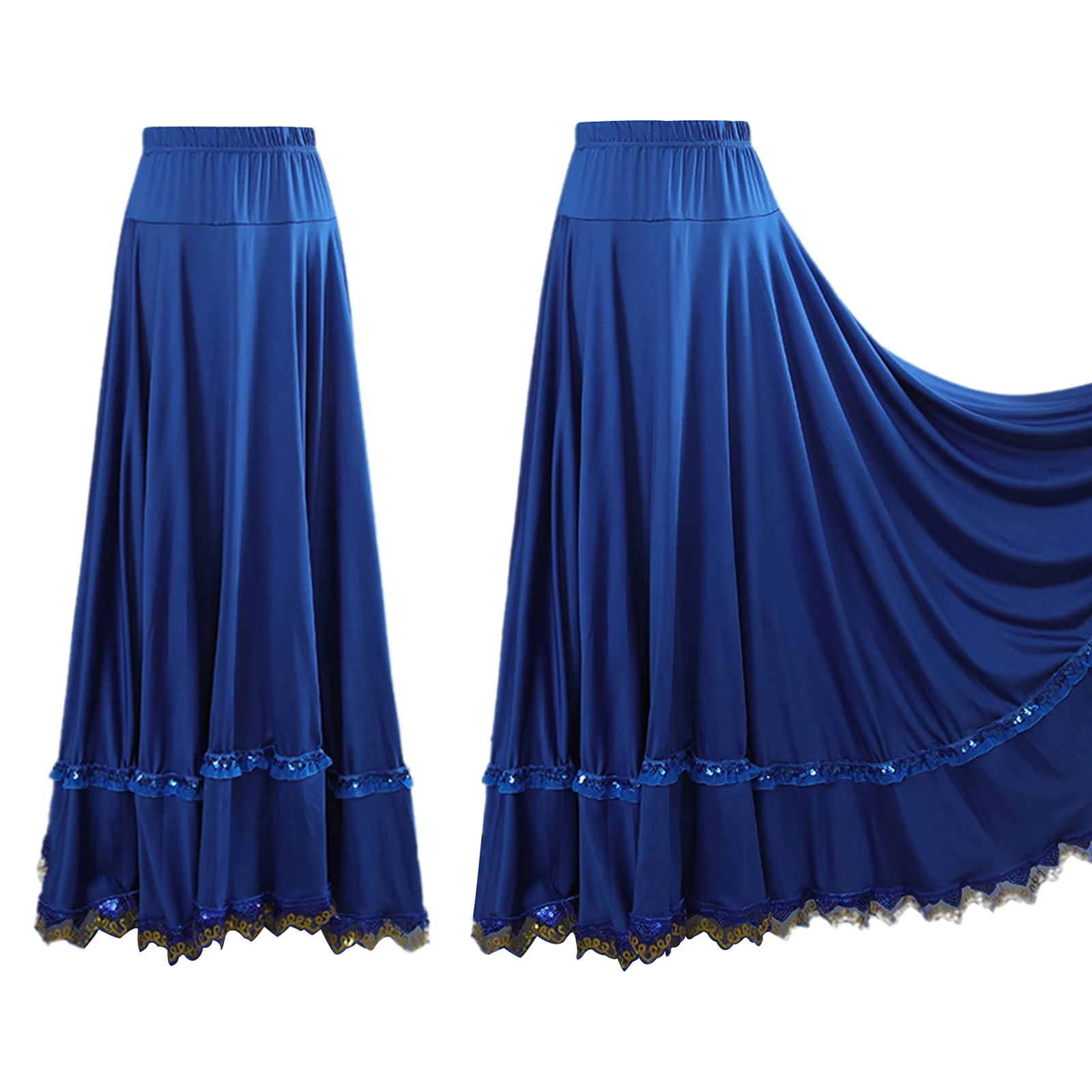 

Women Modern Ballroom Dance Skirt Ruffled Lace Trim Full Circle High Waist Long Skirt for Square Dance Ethnic Dance Flamenco