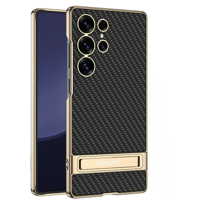 

Electroplated Gold Silver Brocade Leather Bracket Cover for Samsung Galaxy S25 S24 Ultra Hard Shell Protective Holder Phone Case