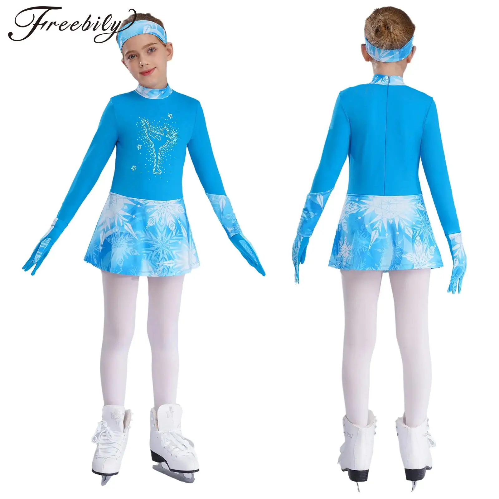 Kids Girls Figure Ice Skating Dress Long Sleeve Shiny Rhinestone Leotard Dress with Glove Modern Gymnastics Ballet Dance Costume