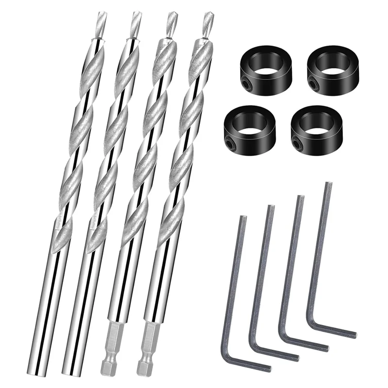 ABNL 3/8 Inch Pocket Hole Drill Bit 1/4 Hex Shank Andround Shank Replacement Drills Withdeep Drill Stop Formanual Pocket