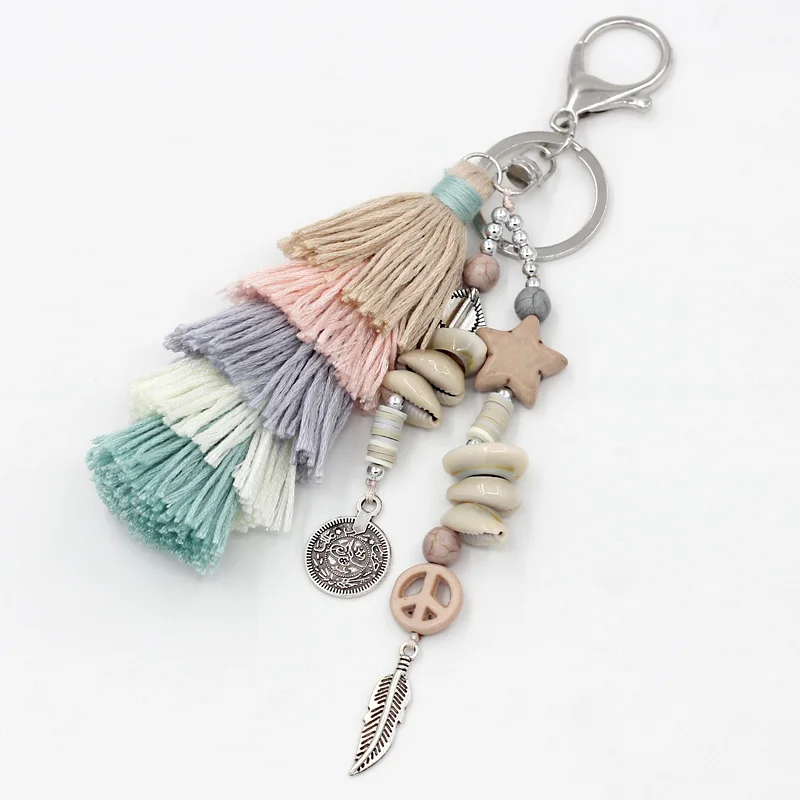 Handmade Jewelry Boho Keychain Shell Stone Tassel Beads Strand Pendant Charm Key Chains for Women Bag Car Ring Key Accessories