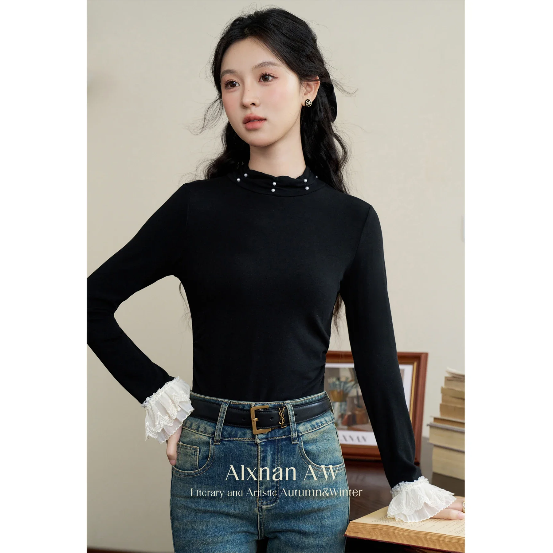 

ALXNAN Temperament O-neck Knitted Pullover for Women Patchwork Lace Cuff Beading Sweater 2024 Fall Winter Bottoming Shirt L52108