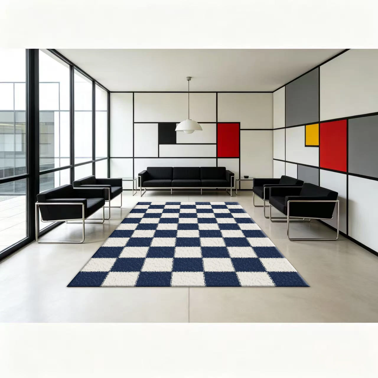 Navy White Checkered Plaid Carpet Flooring, Classic Modern Non-Slip Area Rug for Living Room Bedroom Entryway Home Floor Mat