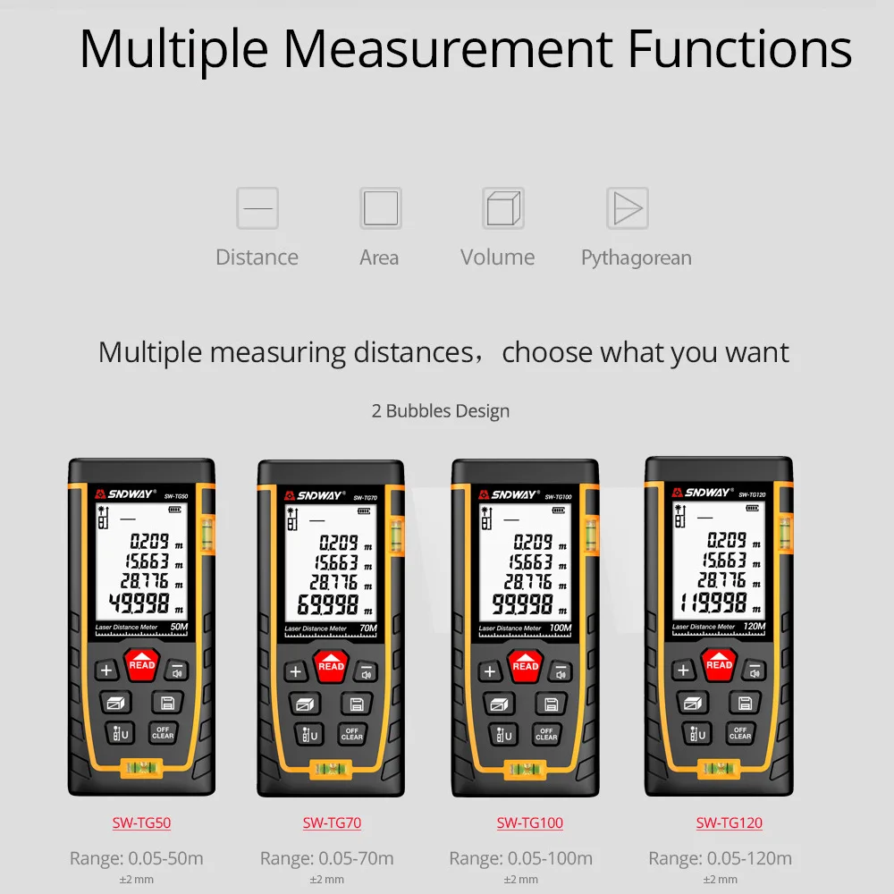 SW-TG 50/70/100/120M Measure Distance Meter Laser Levels Portable Digital Measure Tool Range Finder Backlit LCD Display IP54