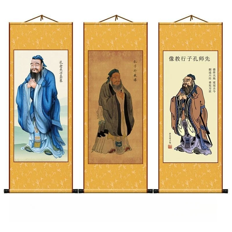 

Portraits of Confucius Laozi, and Mencius on canvas scrolls suitable for decorating classrooms with traditional Chinese painting