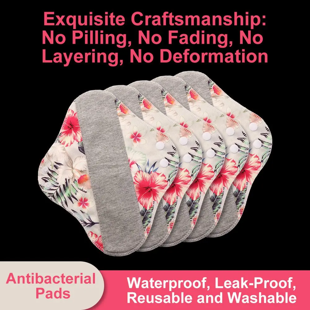 5Pcs Graphene Reusable Sanitary Pads 23CM Fast Absorbent Washable Sanitary Napkins Anti-Slip Soft Menstrual Cloth Pads