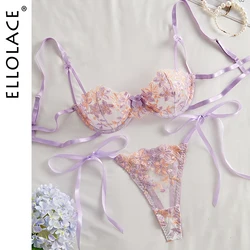 Ellolace Fairy Matching Lingerie Floral Beautiful Underwear Embroidery Lace Tulle Set Woman 2 Pieces Sissy Transparent Intimate