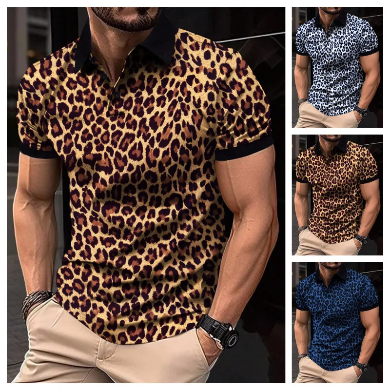 

Casual Summer Men's irt ort Sve Leopard Print Base Layer irt Faion Urban Sle Stand Fit Daily Wear