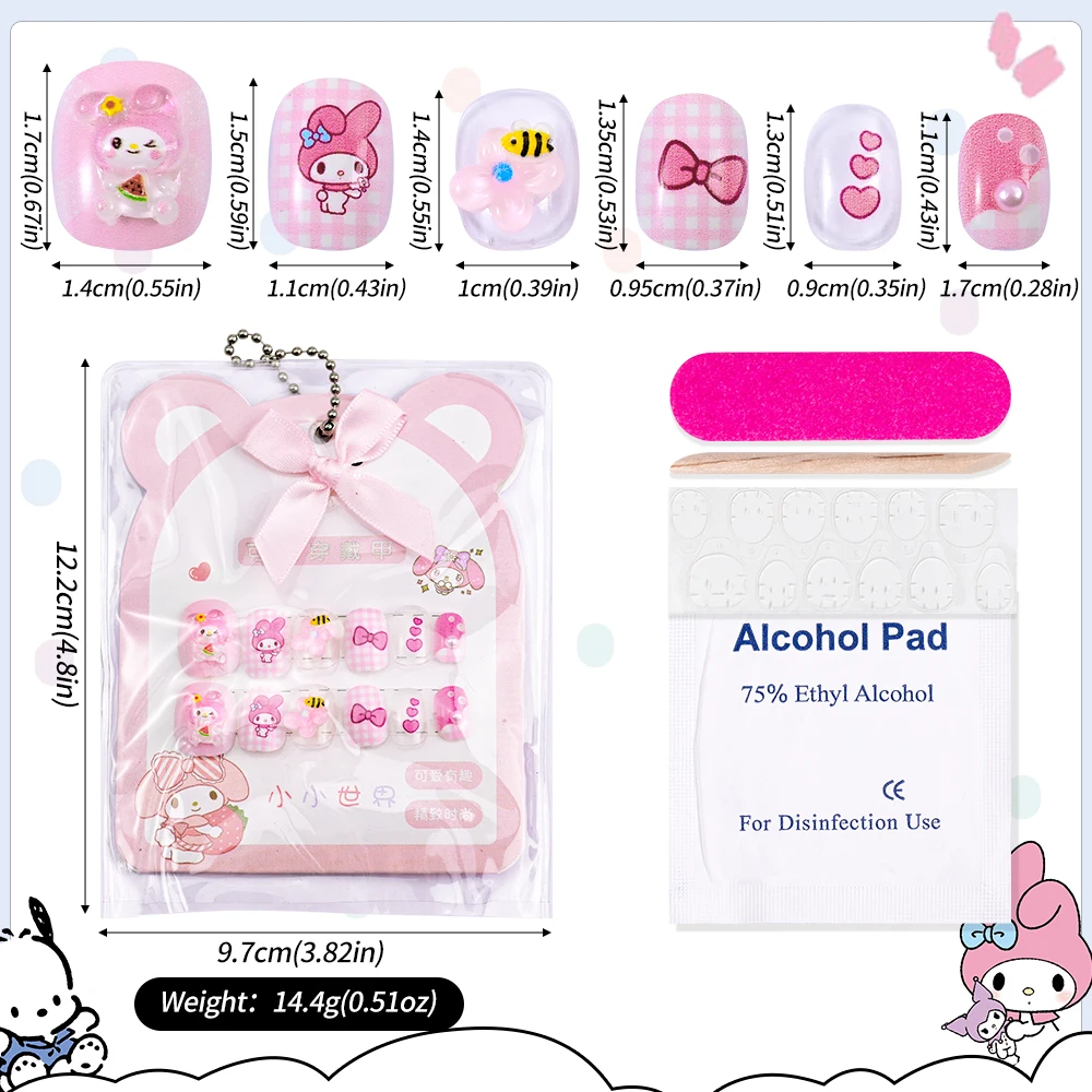 12pcs/pack MINISO Pochacco/Melody False Nails for Kids Cute Girl Fake Nails Tips Kawaii Acrylic Short Square Press on Nails&Tool